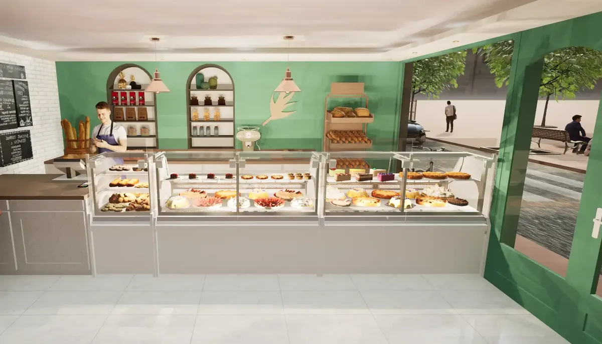 Agencement complet de pâtisserie avec vitrines sur-mesure